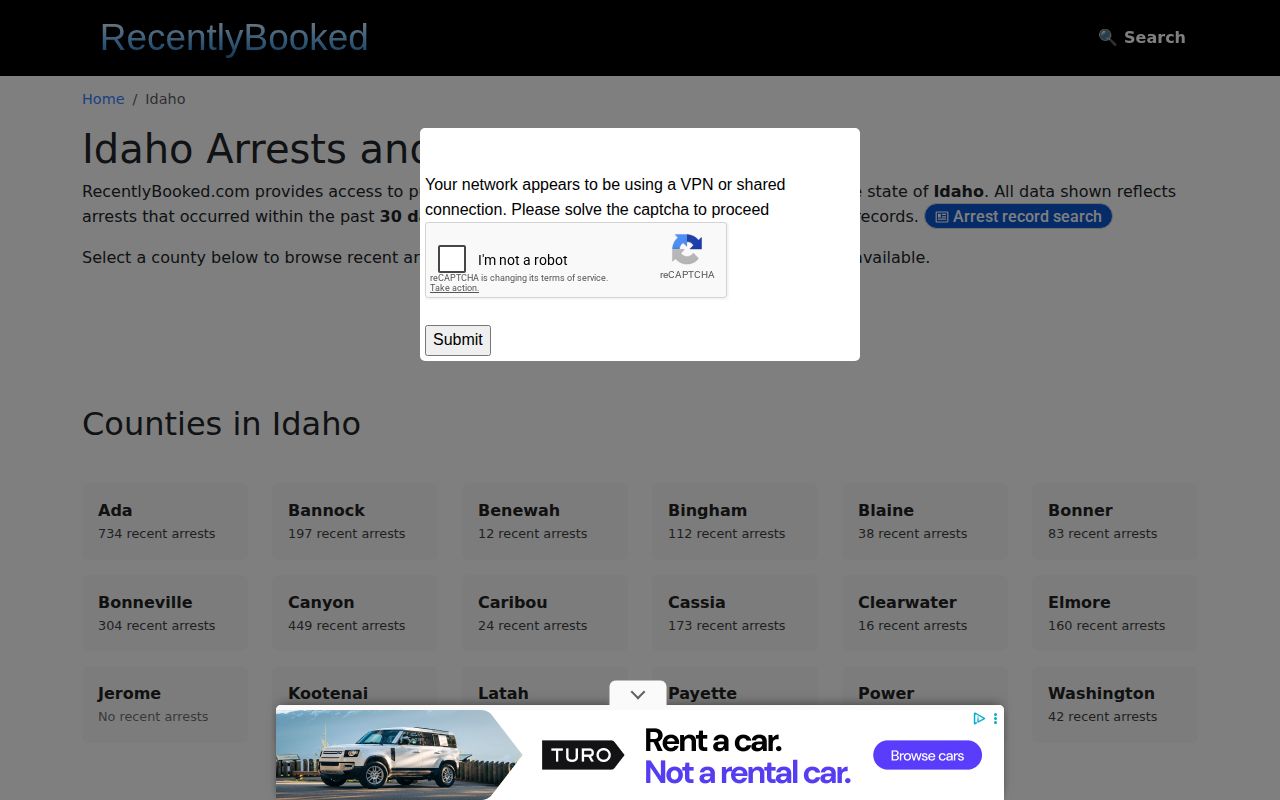 RecentlyBooked Idaho county-navigation screenshot, with no verified Valley County local feed