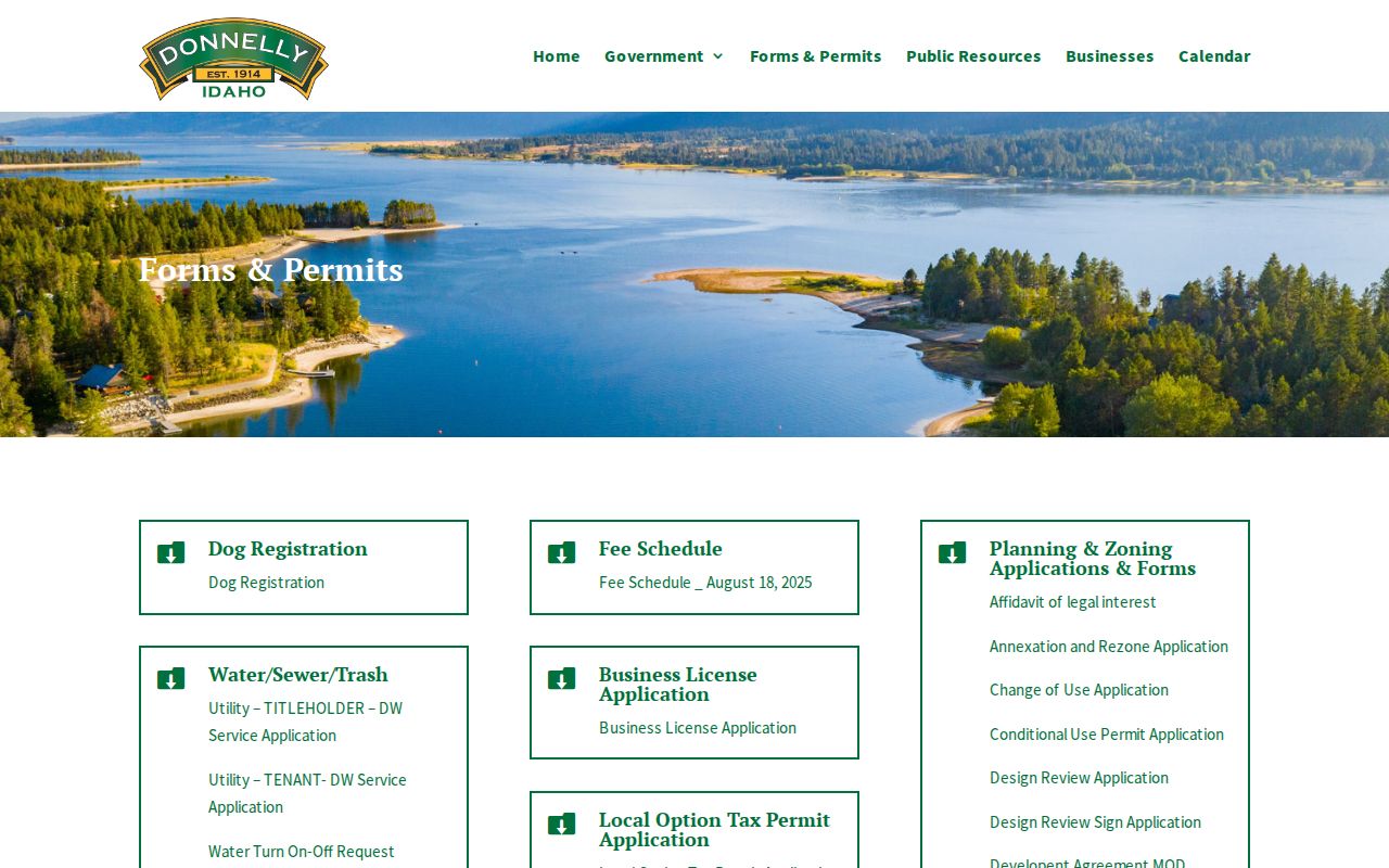 Valley County Donnelly city forms page screenshot with public-records request route