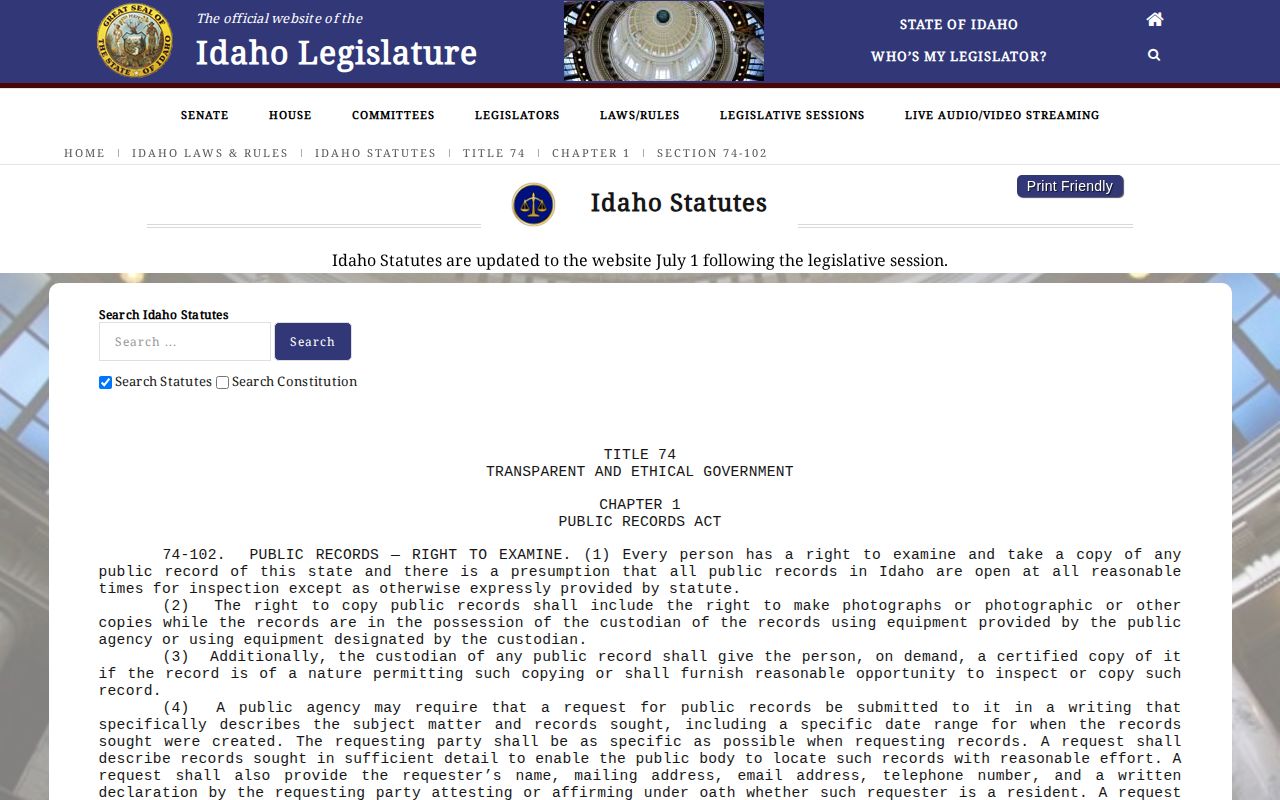 Idaho Code section 74-102 Valley County public-record access source
