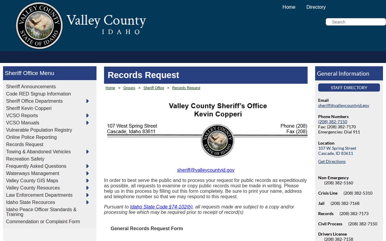 Valley County Sheriff public-record request form for booking photographs