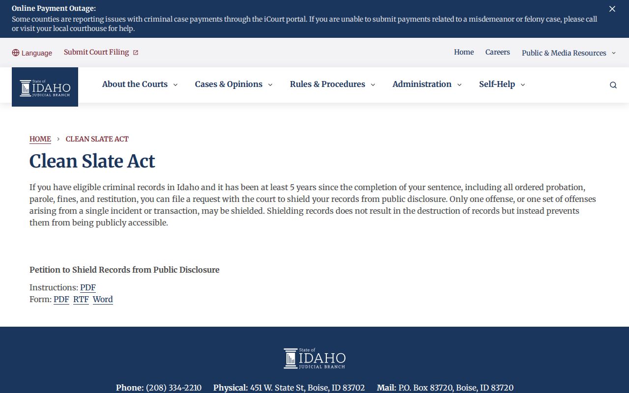 Idaho Clean Slate Valley County record-relief information page