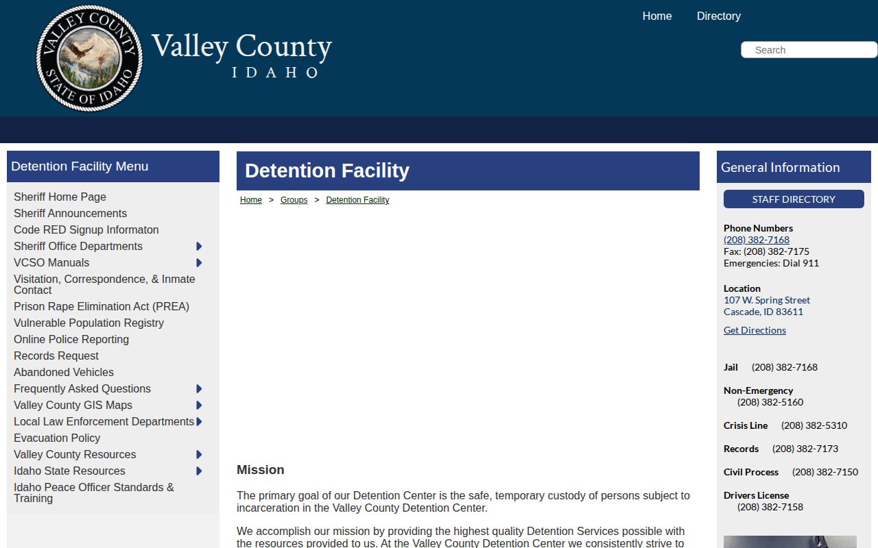 Valley County Detention Facility booking-record access page