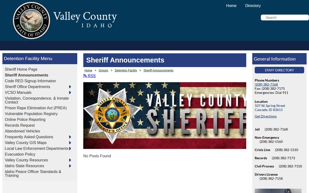 Valley County Sheriff announcements page checked for booking-feed entries