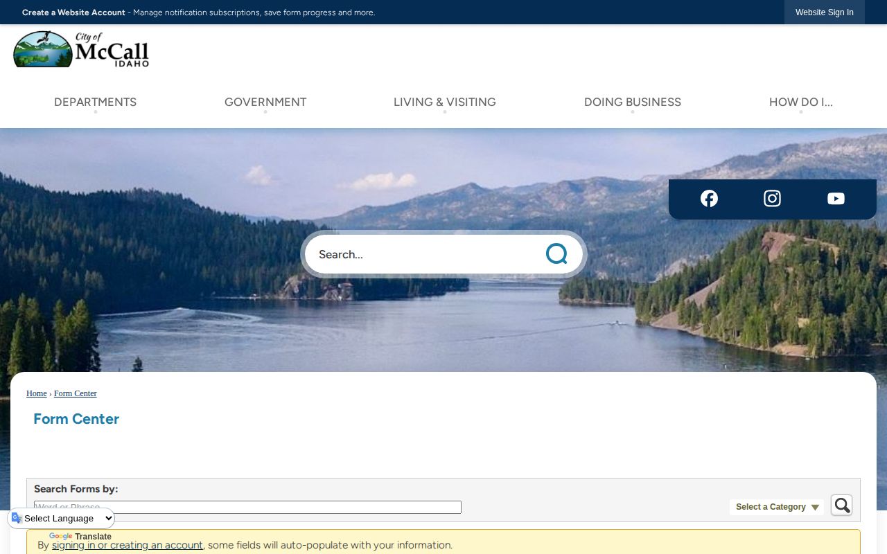 Valley County McCall Police Department form-center screenshot, shown as an official city records-request source