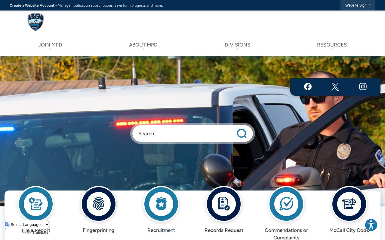 Valley County McCall Police Department official page screenshot with police-news and arrest-record routes