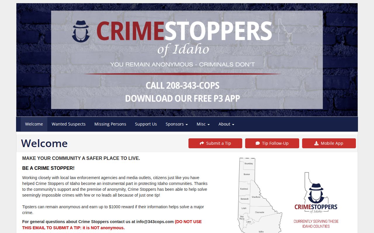 Crime Stoppers of Idaho anonymous tip interface for Valley County safety information