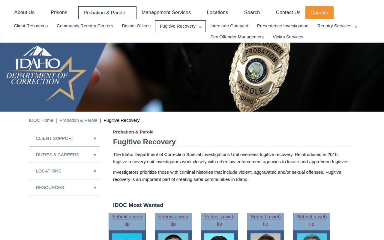 Idaho DOC fugitive recovery path separate from Valley County wanted records