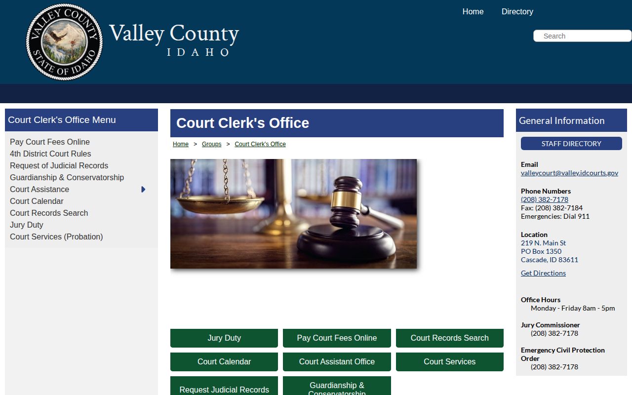 Valley County Clerk court and warrant guidance page