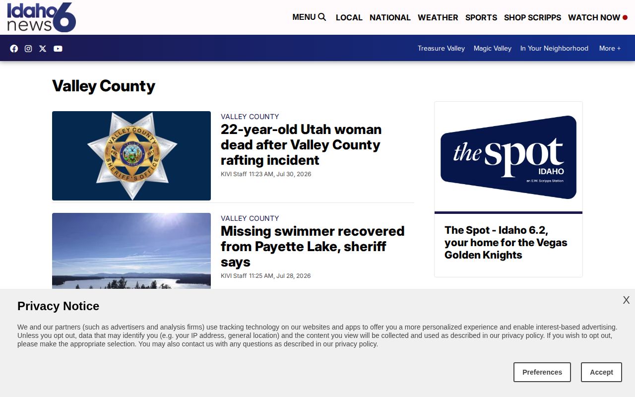 Valley County KIVI local-news topic screenshot, showing event-driven coverage rather than a booking roster