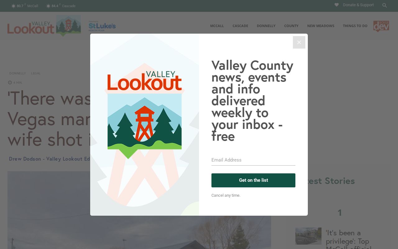 Valley County Valley Lookout Donnelly story screenshot with Ada County booking-image attribution